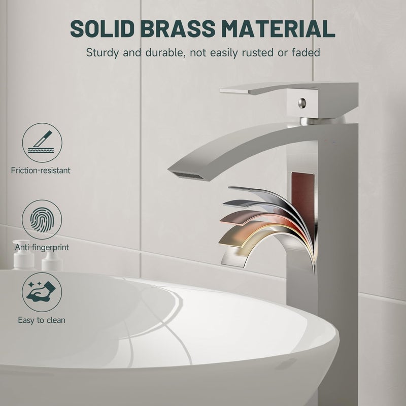 Green Spring Greenspring Brushed Nickel Vessel Sink Faucet, Waterfall Bathroom Faucets, Tall Spout Single Handle Single Hole Bathroom Faucets with Pop Up Drain and Without Overflow Basin Faucet Supply Line - Image 4